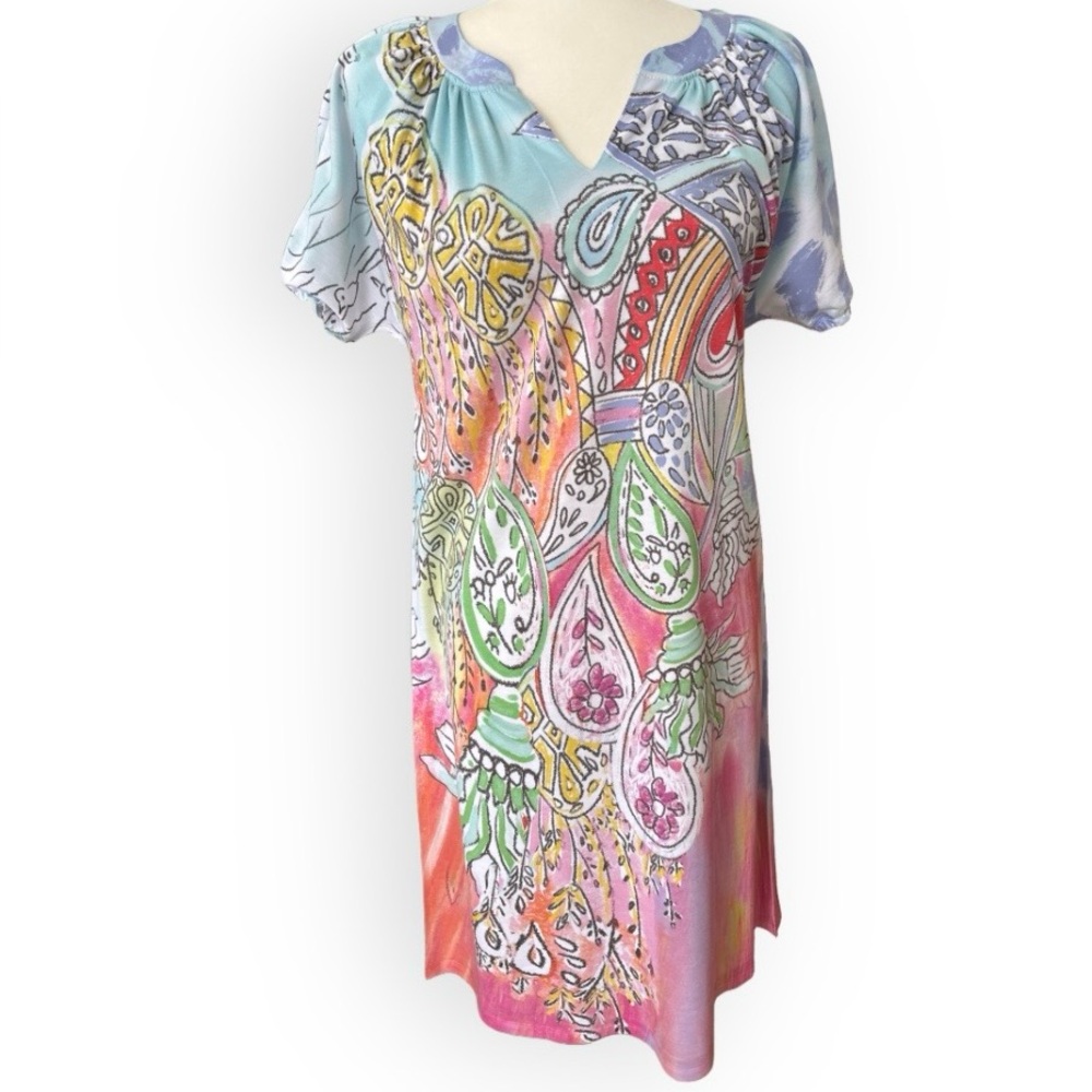 NWT Atelier 5 Raglan Sleeve Original Art To Wear Dress SZ S Vibrant Boho Resort